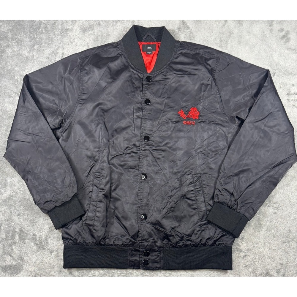 Obey Black Flight Bomber Jacket Satin Nylon Red Japanese Flower Streetwear Med